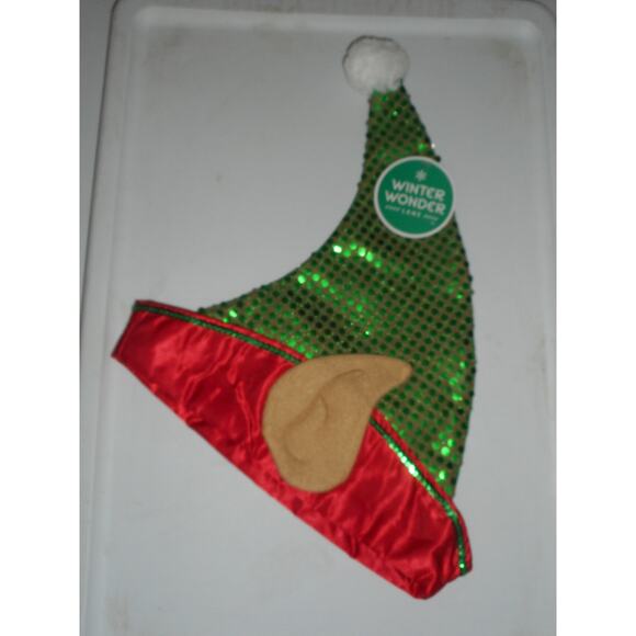 Christmas Elf Hat with Green Sesuin on redish and Ears 14" Winter Wonder Lane - Picture 1 of 2